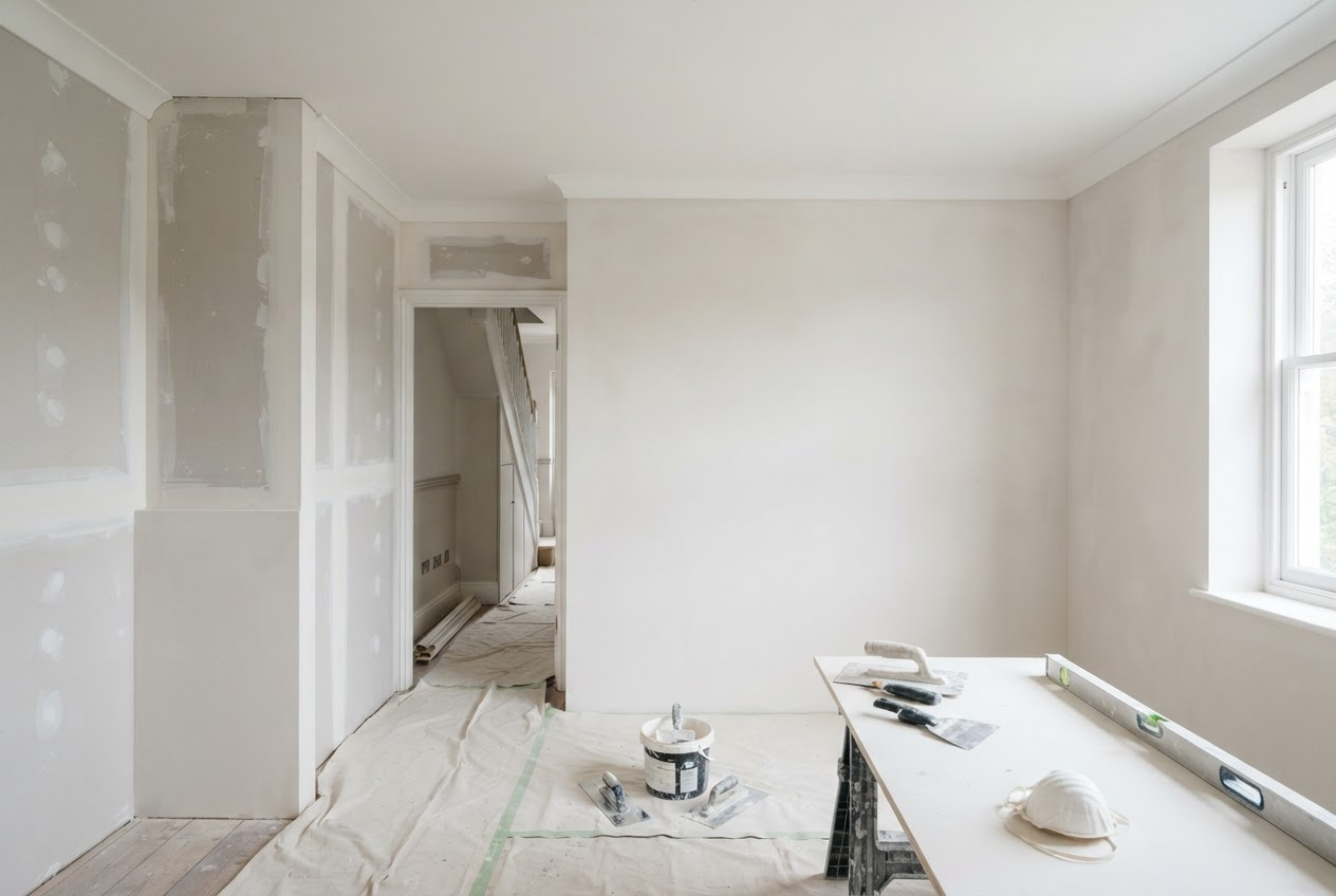 Drylining and plastering works in progress on an internal wall package