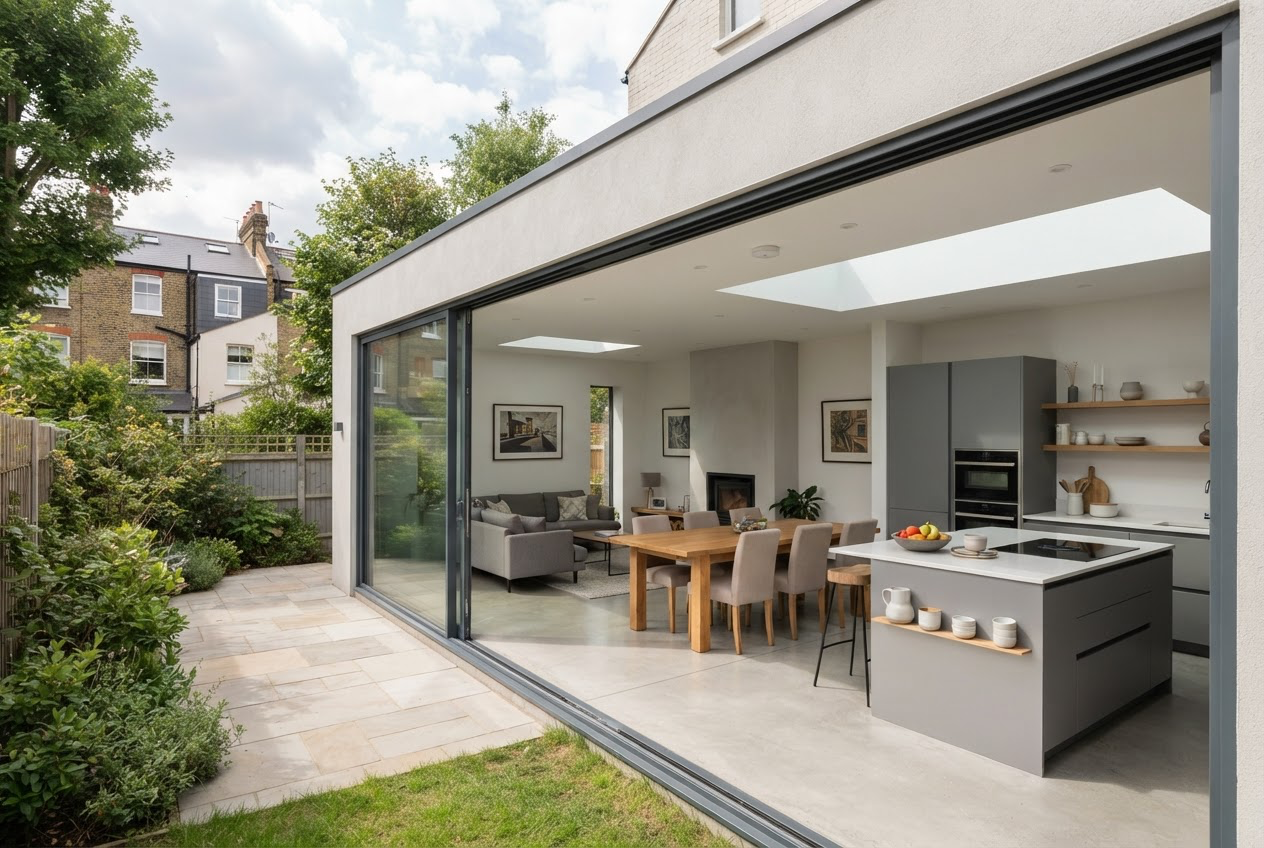 Completed house extension with external and internal construction works